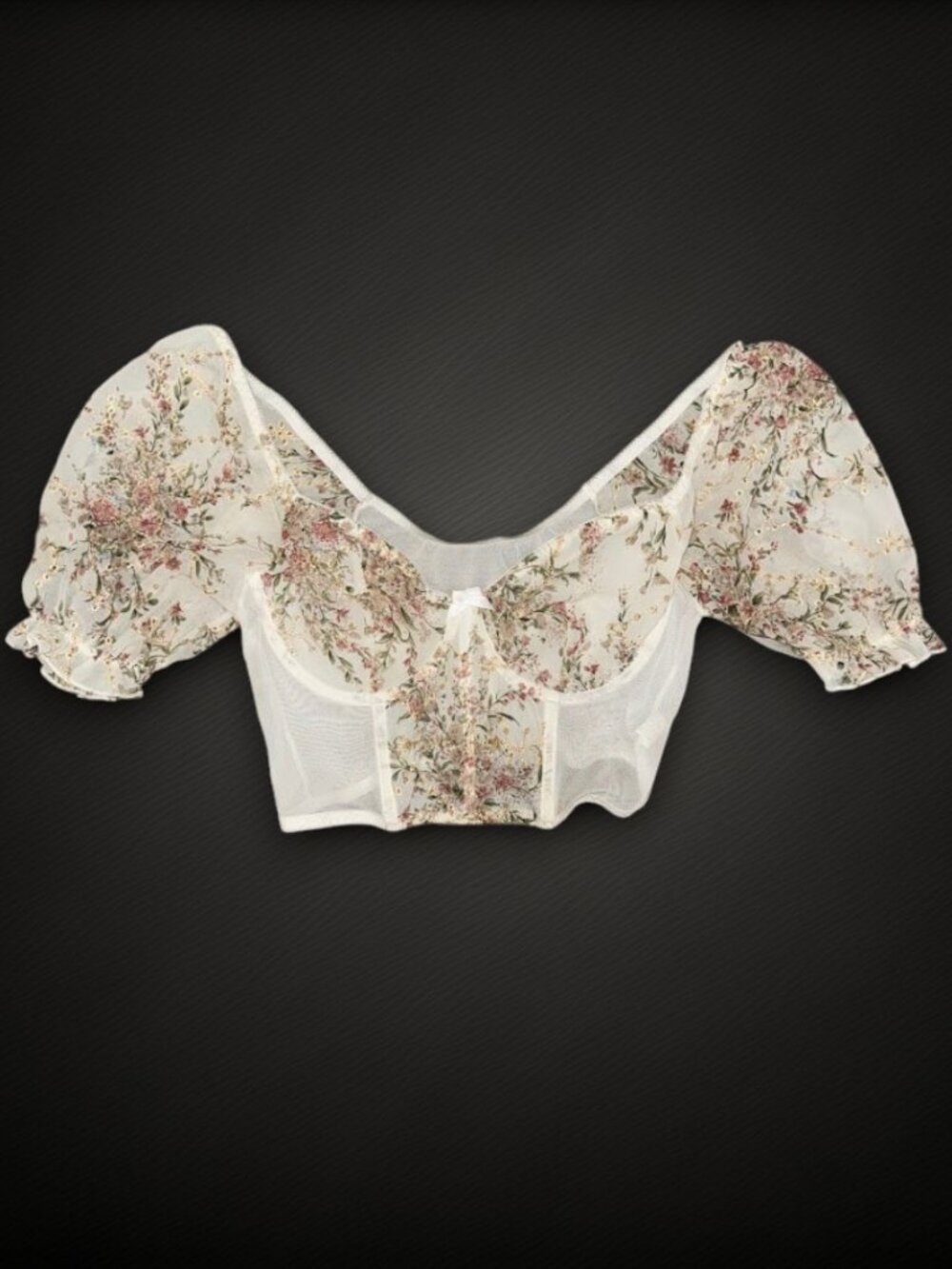 Floral Mesh Corset Crop Top Puff Sleeve Sweetheart White Pink Womens M